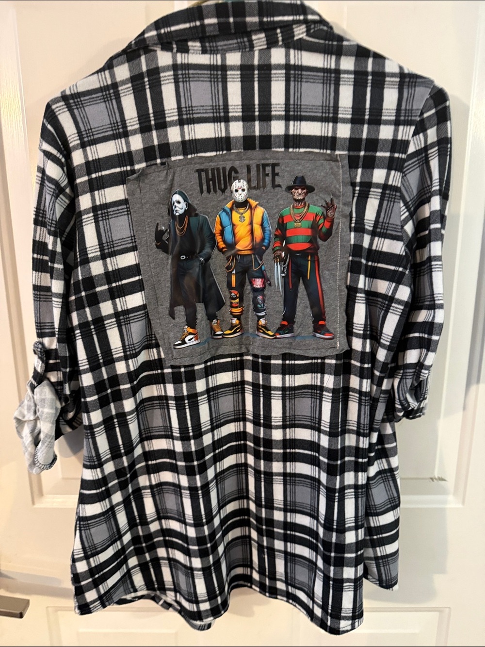 Eden & Olivia Black and White Plaid Button-Down with Graphic Back Patch